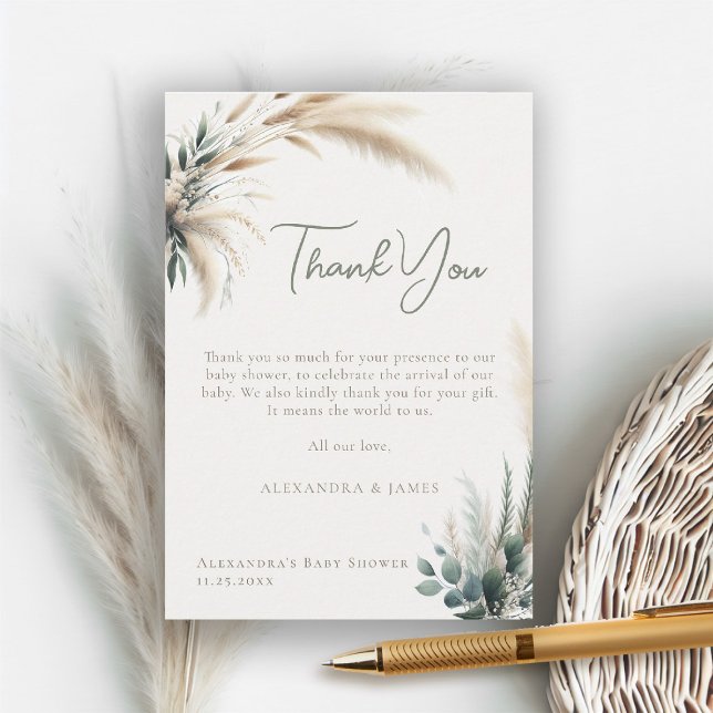 Tarjeta De Agradecimiento Boho Pampas Greenery Sage Calligraphy Baby Shower (boho baby shower thank you card pampas greenery watercolor sage green beige neutral)