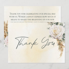 Tarjeta De Agradecimiento Boho Pampas y Boda de Crema de rosas rosadas