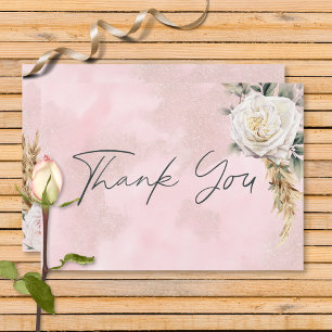 Tarjeta De Agradecimiento Boho Pampas y Boda de rosas rosadas