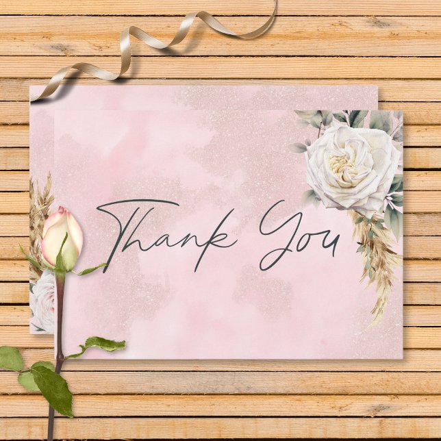 Tarjeta De Agradecimiento Boho Pampas y Boda de rosas rosadas (Subido por el creador)