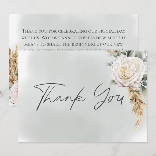 Tarjeta De Agradecimiento Boho Pampas y Rosa Rosa Rosa Boda Verde (Anverso / Reverso)