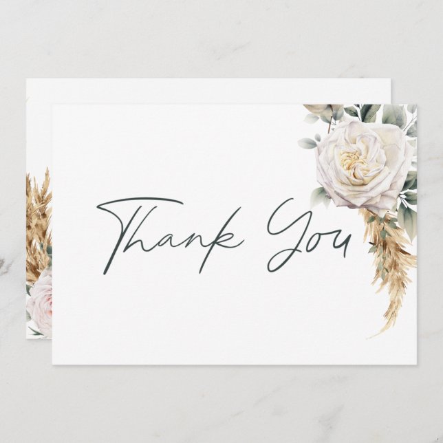 Tarjeta De Agradecimiento Boho Pampas y rosas rosadas Boda blanco (Anverso / Reverso)