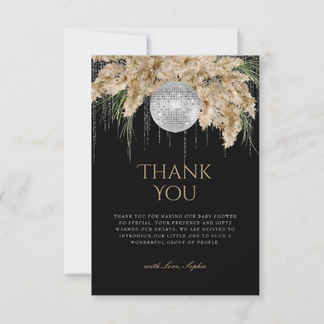 Tarjeta De Agradecimiento Boho Papmas Grass Disco Ball Black Baby Shower (Anverso)