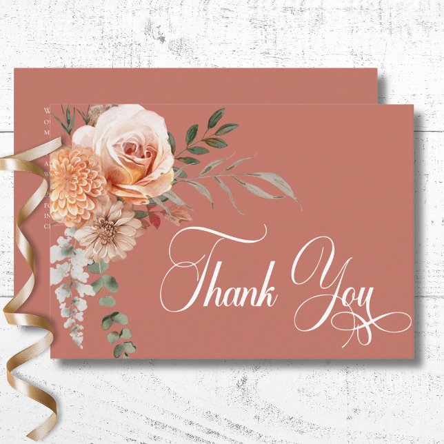 Tarjeta De Agradecimiento Boho Peach & Rust Flust Rust Rust Rust Boda (Boho Peach & Rust Floral Rust Wedding Thank You Card)
