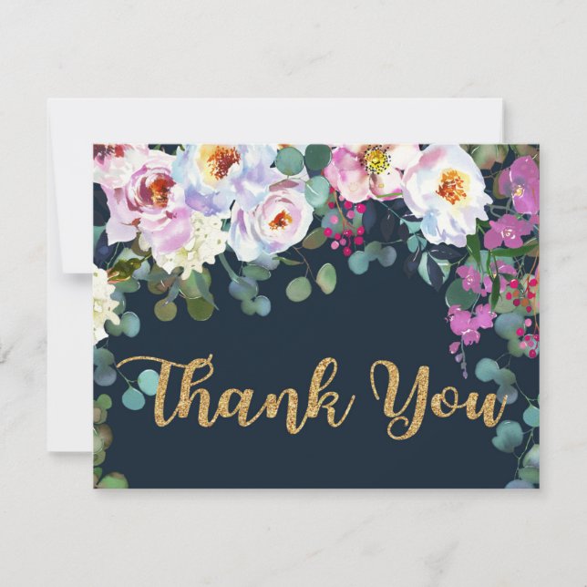 Tarjeta De Agradecimiento Boho Peonies Navy Floral Moderno Gracias (Anverso)