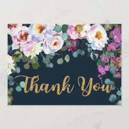 Tarjeta De Agradecimiento Boho Peonies Navy Gold Floral Moderno Gracias