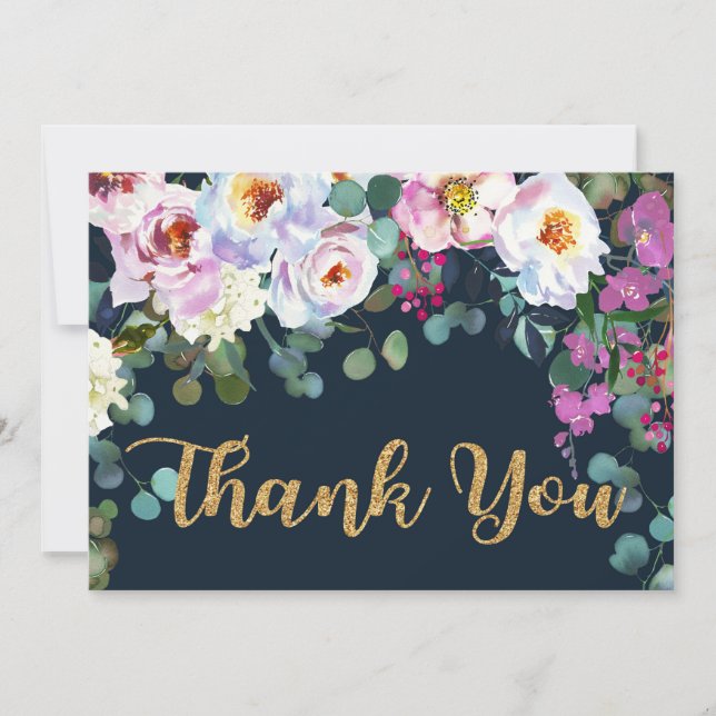 Tarjeta De Agradecimiento Boho Peonies Navy Gold Floral Moderno Gracias (Anverso)