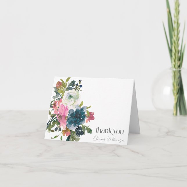 Tarjeta De Agradecimiento Boho Personalizado Floral Azul Rosa Nombre de duch (Anverso)