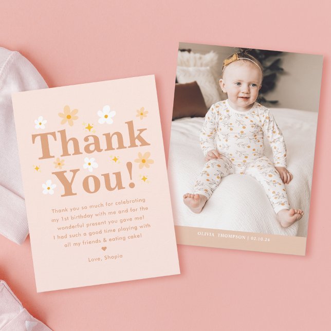 Tarjeta De Agradecimiento Boho Photo Pink Daisy Birthday Party (Subido por el creador)