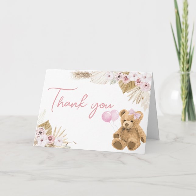 Tarjeta De Agradecimiento Boho Pink Bear Baby Shower (Anverso)