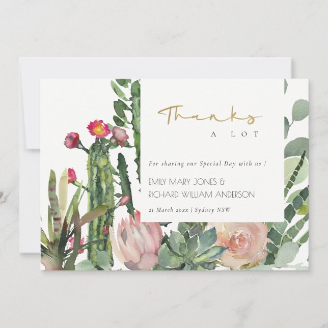 TARJETA DE AGRADECIMIENTO BOHO PINK FLORAL DESERT CACTI BODA FOLIAGE (Anverso)