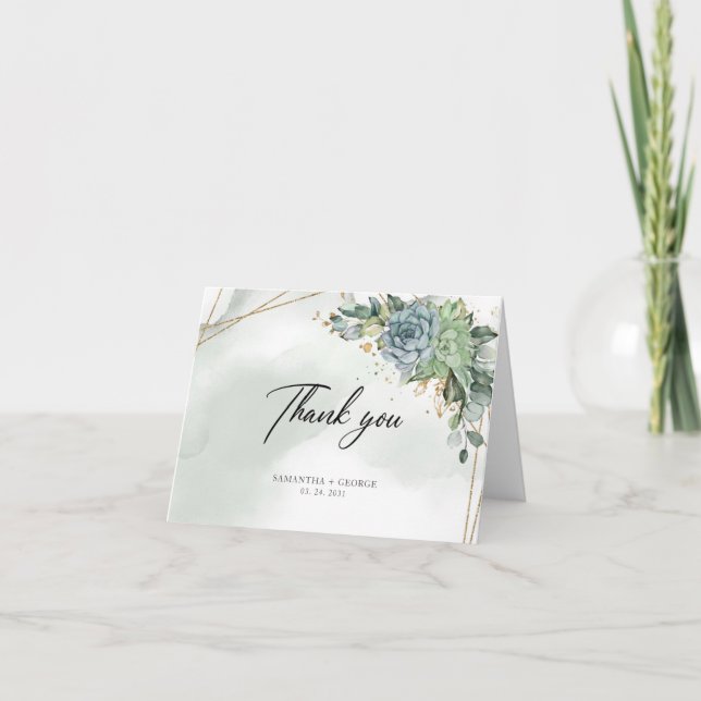 Tarjeta De Agradecimiento Boho polvoriento verde suculento marco de oro euca (Anverso)