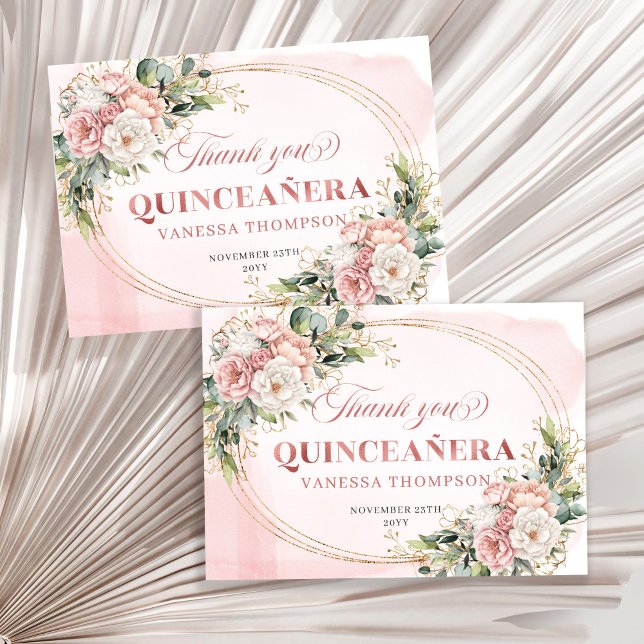Tarjeta De Agradecimiento Boho Quinceañera Thank You Card Rose Gold Floral  (Boho Quinceañera Thank You Card Rose Gold Floral Eucalyptus)