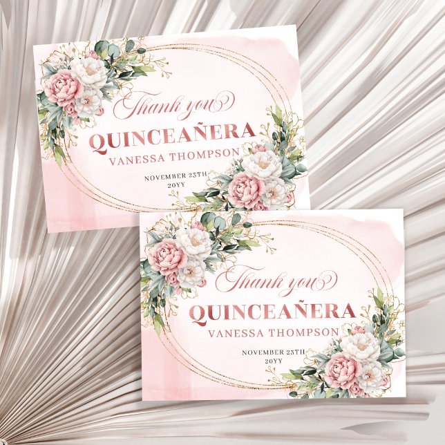 Tarjeta De Agradecimiento Boho Quinceañera Thank You Card Rose Gold Flowers (Boho Quinceañera Thank You Card with Rose Gold Flowers)