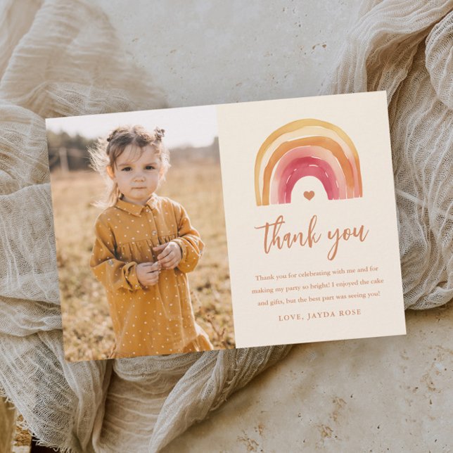 Tarjeta De Agradecimiento Boho Rainbow Kids Foto Cumpleaños (Boho rainbow kids photo birthday party thank you card.)
