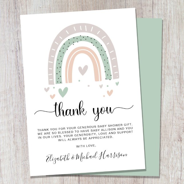 Tarjeta De Agradecimiento Boho Rainbow Sage Green Baby Shower (Subido por el creador)