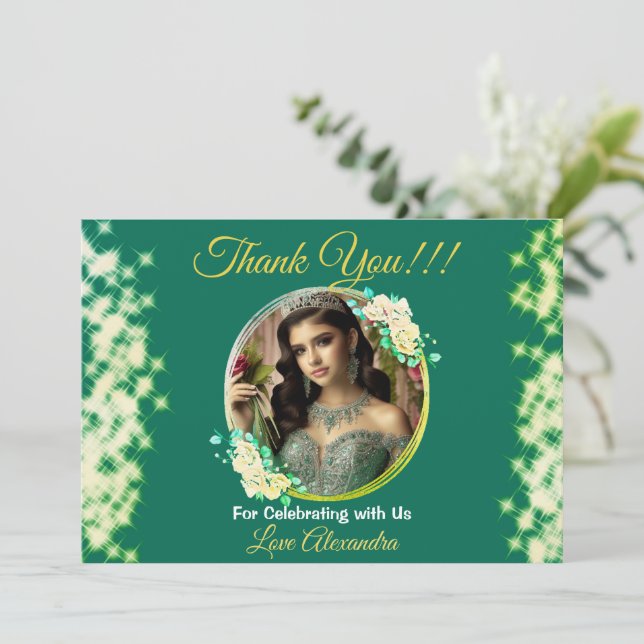 Tarjeta De Agradecimiento Boho real de fotografía verde Quinceañera Favor es (Anverso de pie)