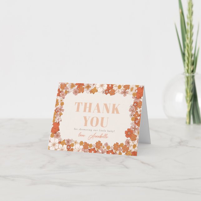 Tarjeta De Agradecimiento Boho Retro Groovy Floral Baby Shower (Anverso)