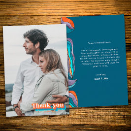 Tarjeta De Agradecimiento Boho Retro Naranja y Azul Tipografía Líneas Ondula