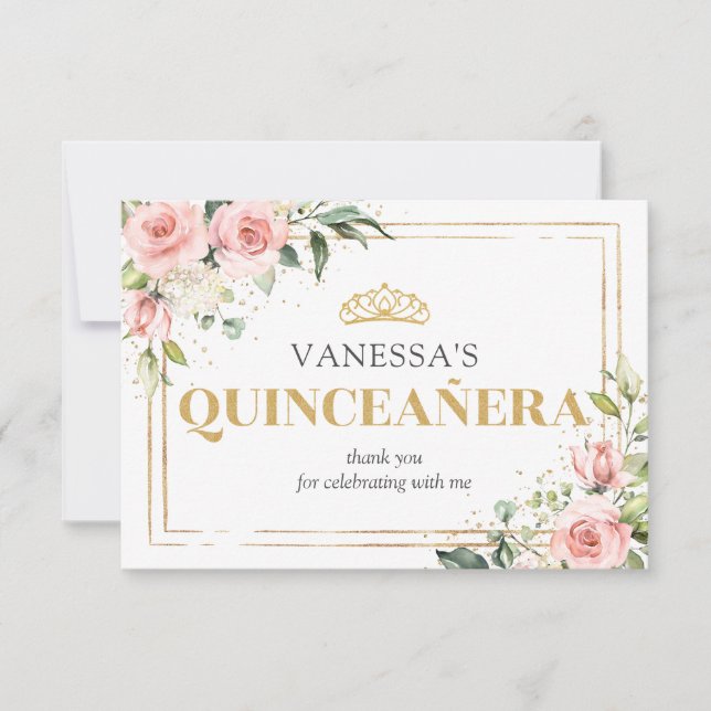 Tarjeta De Agradecimiento Boho rosa rubor dorado tiara 15º cumpleaños (Anverso)