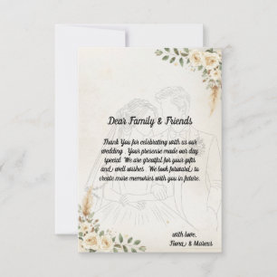 Tarjeta De Agradecimiento Boho Rosas de Marfil y Boda de Grass Pampas