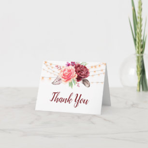 Tarjeta De Agradecimiento Boho Rosas Feathers Lights Boda Gracias