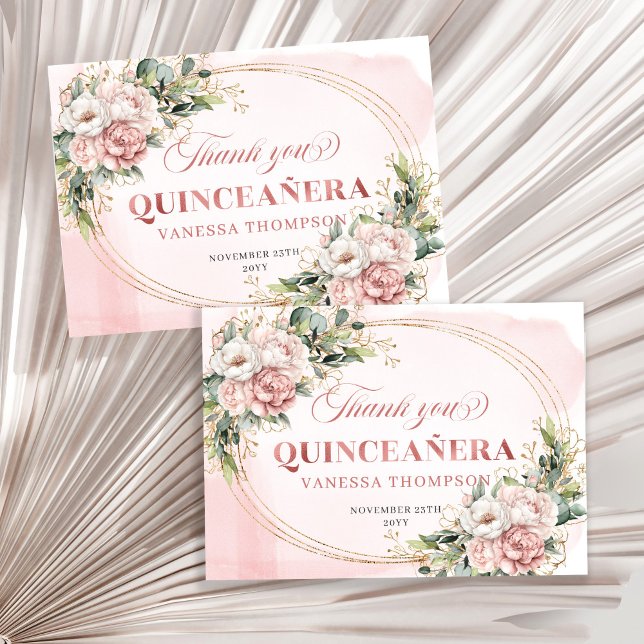 Tarjeta De Agradecimiento Boho Rose Gold Blush Floral Greenery Mis Quince  (Boho Rose Gold Blush Floral Greenery Mis Quince Thank You)