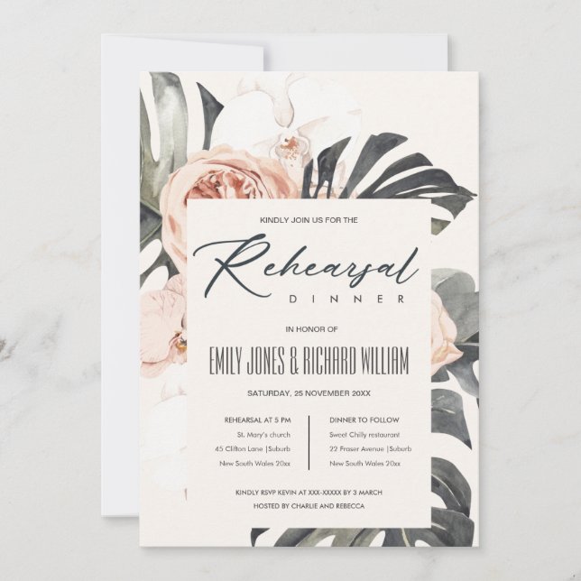 TARJETA DE AGRADECIMIENTO BOHO RUST FLORAL MONSTRERA REHERSAL CENA INVITE (Anverso)