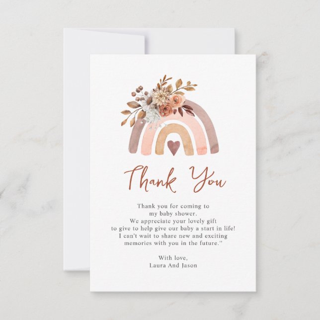 Tarjeta De Agradecimiento Boho Rust Terracotta Rainbow Baby Shower (Anverso)