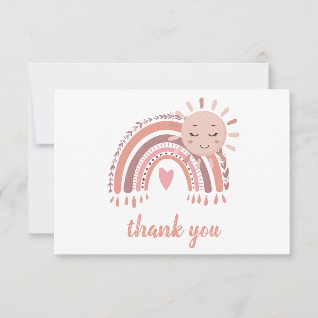 Tarjeta De Agradecimiento Boho Rustic Rainbow y Sun Baby Shower para Chica (Anverso)