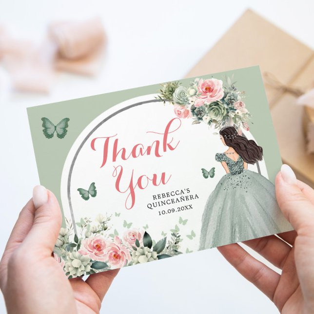 Tarjeta De Agradecimiento Boho Sage Green Floral Princesa Quinceañera (Subido por el creador)