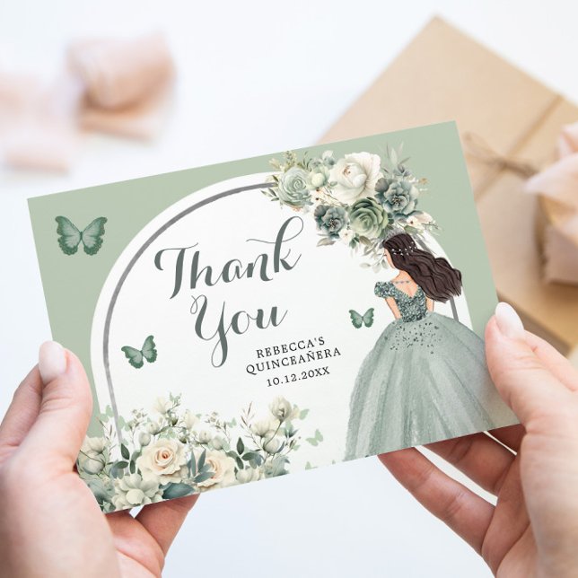 Tarjeta De Agradecimiento Boho Sage Green Floral Princesa Quinceañera (Subido por el creador)