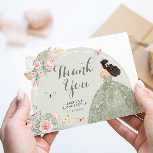 Tarjeta De Agradecimiento Boho Sage Green Rubor Pink Quinceañera (Subido por el creador)