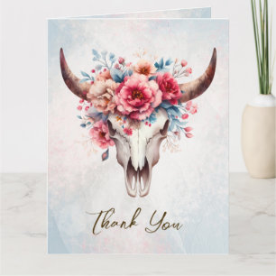 Tarjeta De Agradecimiento Boho Spring Watercolor Floral Cow Skull Boda