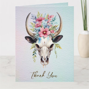 Tarjeta De Agradecimiento Boho Spring Watercolor Floral Cow Skull Boda