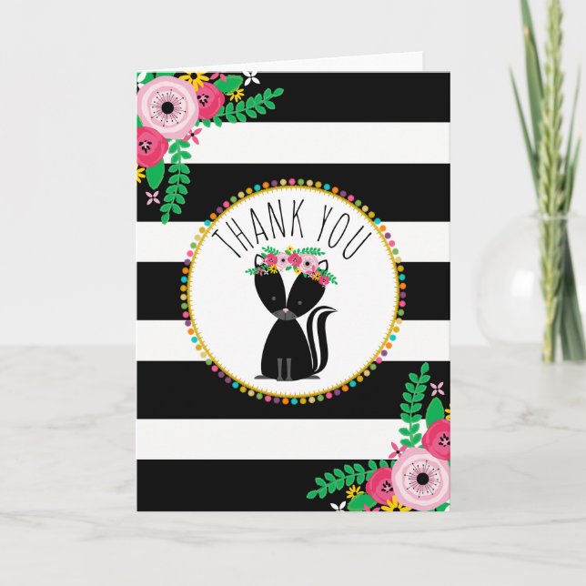Tarjeta De Agradecimiento Boho Stripes Skunk Baby Shower Gracias (Anverso)