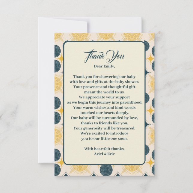 Tarjeta De Agradecimiento Boho Sun Moon Stars Baby Shower amarillo azul (Anverso)