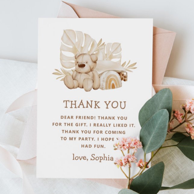 Tarjeta De Agradecimiento Boho Teddy Bear | Cumpleaños de niños lindo y suav (Subido por el creador)