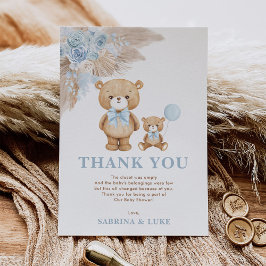 Tarjeta De Agradecimiento Boho Teddy Bear Dusty Blue Floral Baby Boy