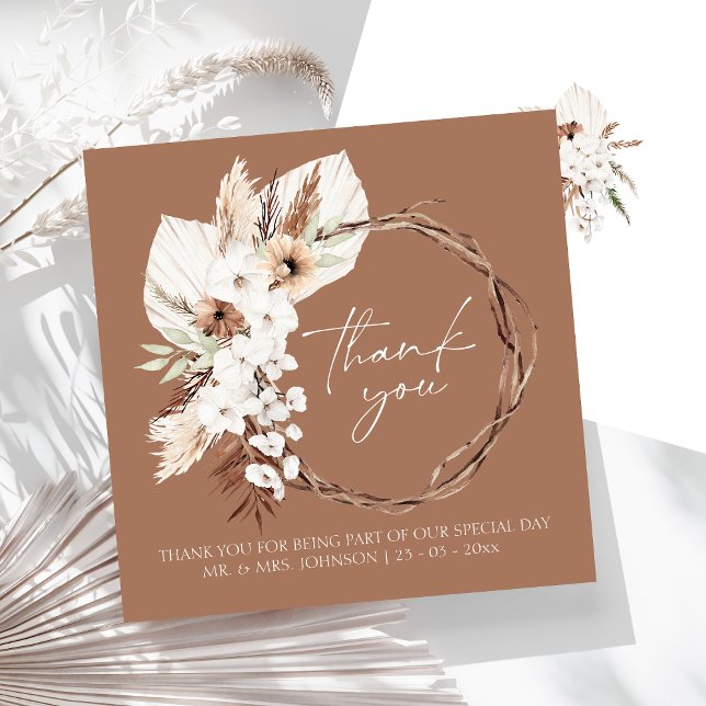 Tarjeta De Agradecimiento Boho Terracotta Brown Dried Floral Wreath Boda (Boho Terracotta Brown Dried Floral Wreath Wedding Thank You Card)