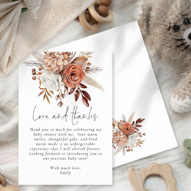 Tarjeta De Agradecimiento Boho Terracotta Floral Baby Shower Gracias (Front and back view)