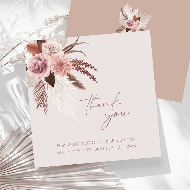 Tarjeta De Agradecimiento Boho Terracotta Pampas Boda de Grass Floral (Boho Dusty Pink Dried Flowers Pampas Grass Wedding Thank You Card)