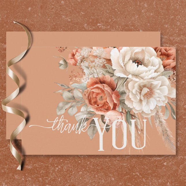 Tarjeta De Agradecimiento Boho Terracotta Peach y Cream Floral Boda (Boho Terracotta Peach & Cream Floral Wedding Thank You Card)