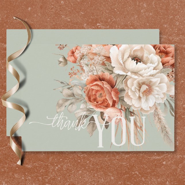 Tarjeta De Agradecimiento Boho Terracotta Peach y Cream Floral Green Boda (Boho Terracotta Peach & Cream Floral Green Wedding Thank You Card)