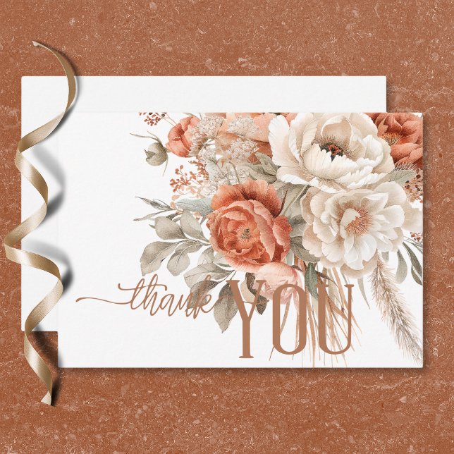 Tarjeta De Agradecimiento Boho Terracotta Peach y Cream Floral White Boda (Boho Terracotta Peach & Cream Floral White Wedding Thank You Card)