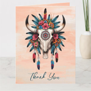 Tarjeta De Agradecimiento Boho Tribal Watercolor Floral Cow Skull Boda