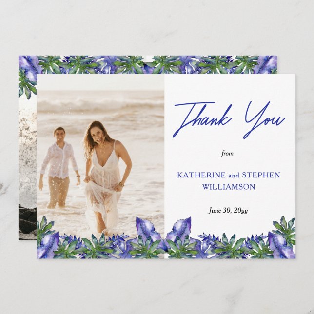 Tarjeta De Agradecimiento Boho Tropical Purple | Boda Verde Foto Gracias (Anverso / Reverso)