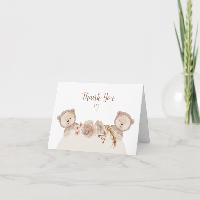 Tarjeta De Agradecimiento Boho Twins Teddy Bears Gender Neutral Gracias (Anverso)