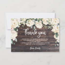 Tarjeta De Agradecimiento Boho verde madera rústica flores blancas rosas