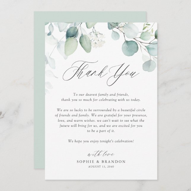 Tarjeta De Agradecimiento Boho Watercolor Eucalyptus deja Boda (Anverso / Reverso)